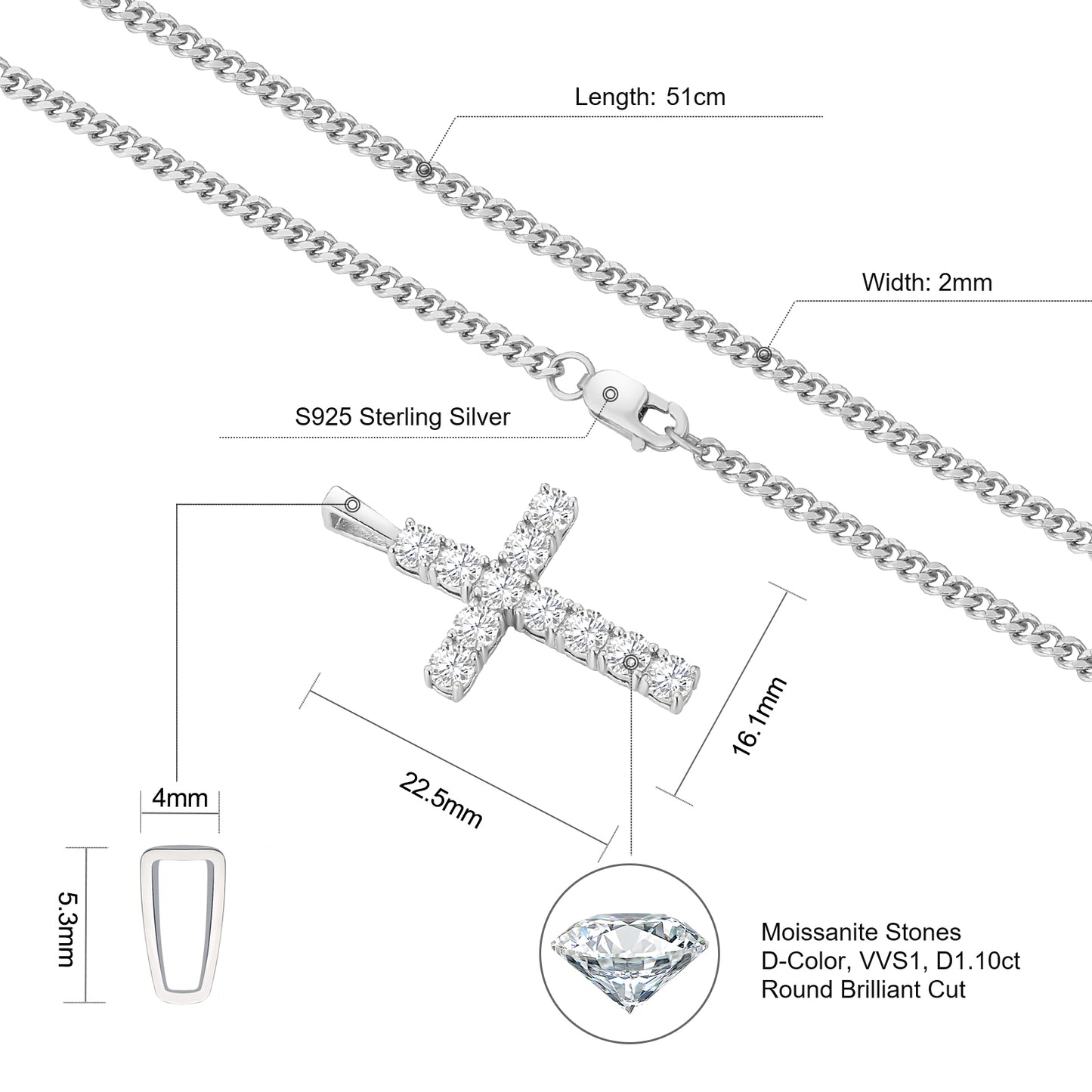 Moissanite Cross Pendant Chain Necklace in White Gold