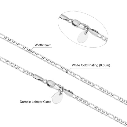 3mm Figaro Micro Chain Necklace in White Gold