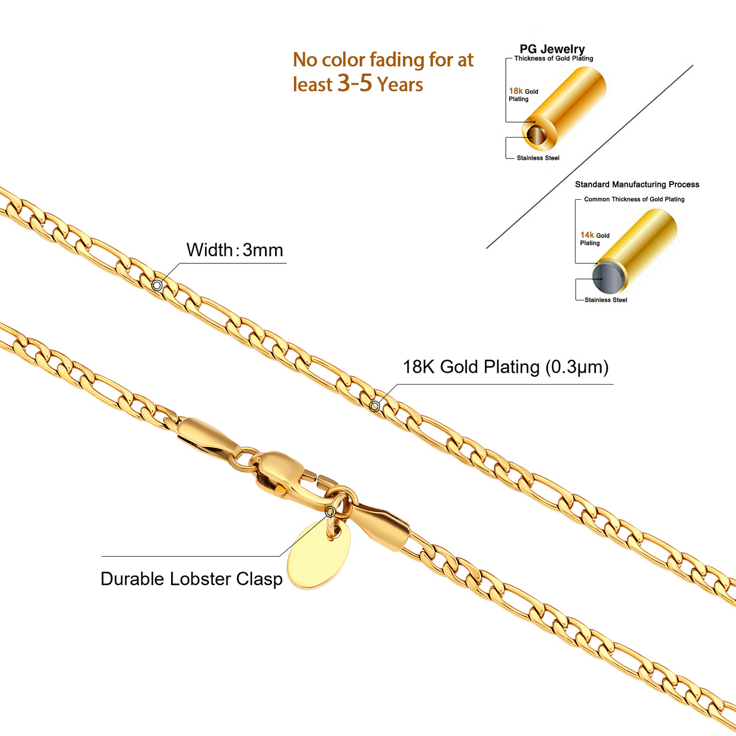 3mm Figaro Micro Chain Necklace in 18K Gold